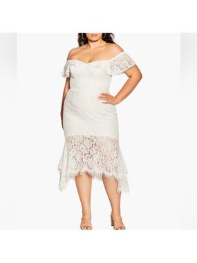 City Chic White One-Shoulder Lace Midi Dress